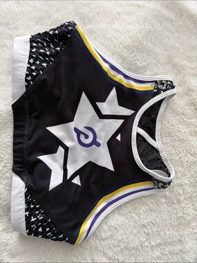 Peloton With Black Star Print Athletic Crop Top with Purple & Yellow Accents Med